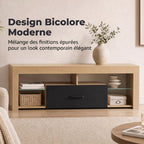 Meuble TV 140 cm, 65 Pouces avec Étagères en Verre Réglables, Tiroir et Compartiments Ouverts, Chêne