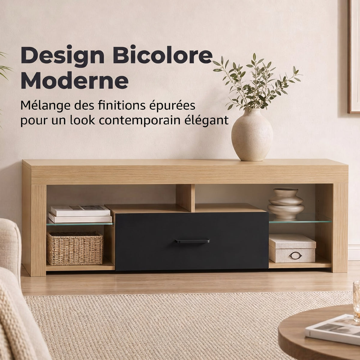 Meuble TV 140 cm, 65 Pouces avec Étagères en Verre Réglables, Tiroir et Compartiments Ouverts, Chêne