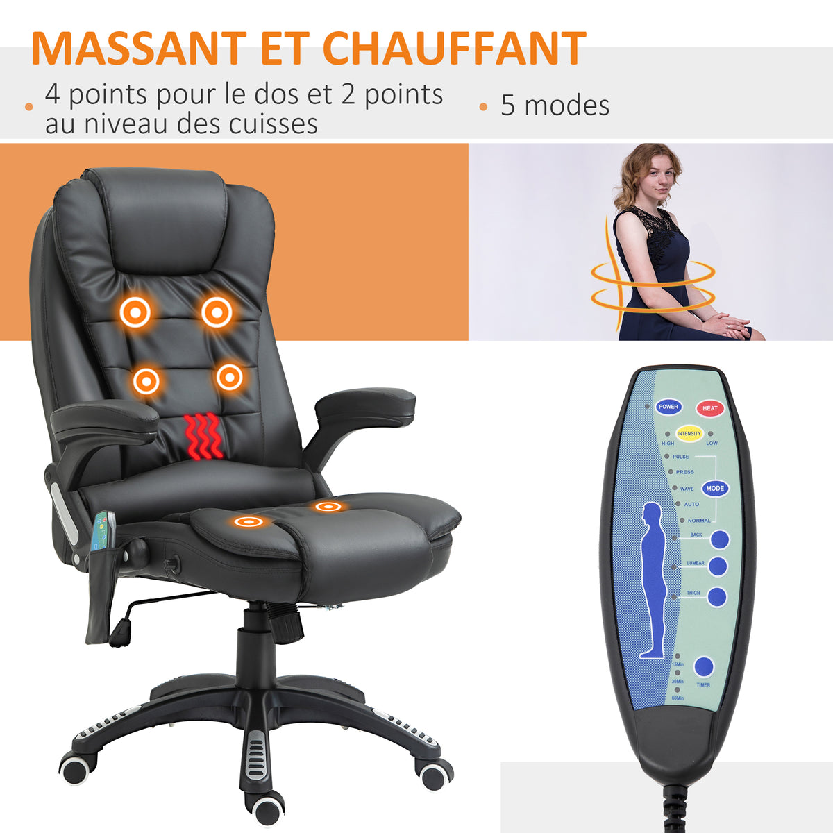 Fauteuil de bureau massant et chauffant électrique, noir