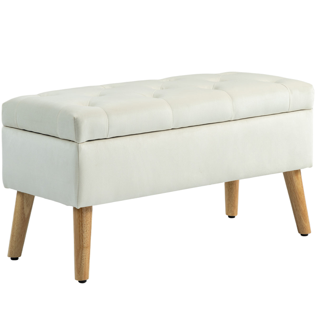 Banc de rangement effet velours, pieds en bois charge max. 120 kg 80 x 35 x 42 cm, crème