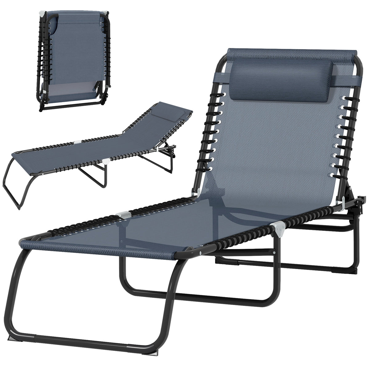 Transat Pliable, Dossier inclinable Multi-Positions, Acier thermoplastique + Lacets élastiques Noir