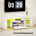 Meuble TV, éclairage LED, étagères en verre trempé, 120x34x45cm, blanc