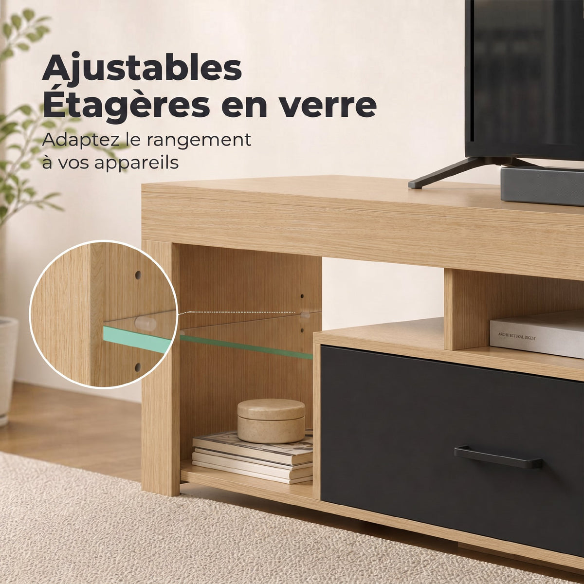 Meuble TV 140 cm, 65 Pouces avec Étagères en Verre Réglables, Tiroir et Compartiments Ouverts, Chêne