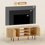 Meuble TV, 60 pouces, 2 portes à lattes, 140x40x52cm, bois naturel