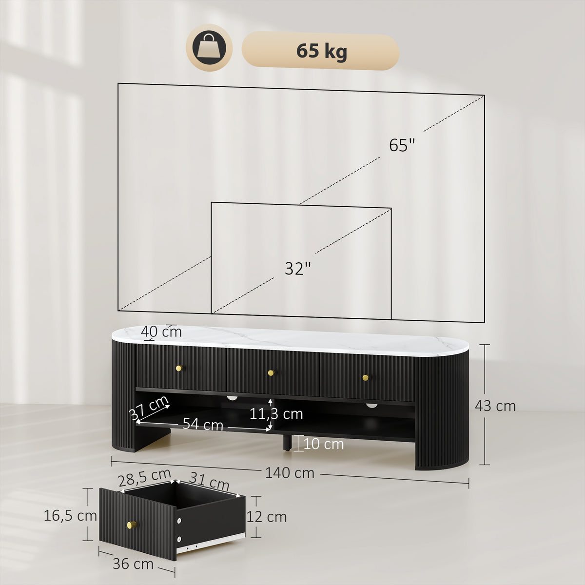 Meuble TV 140 cm, 65 pouces effet marbre avec 3 tiroirs façades à cannelures 2 étagères noir