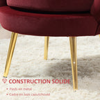 Fauteuil en velours, forme coquillage avec pieds en métal doré, rouge