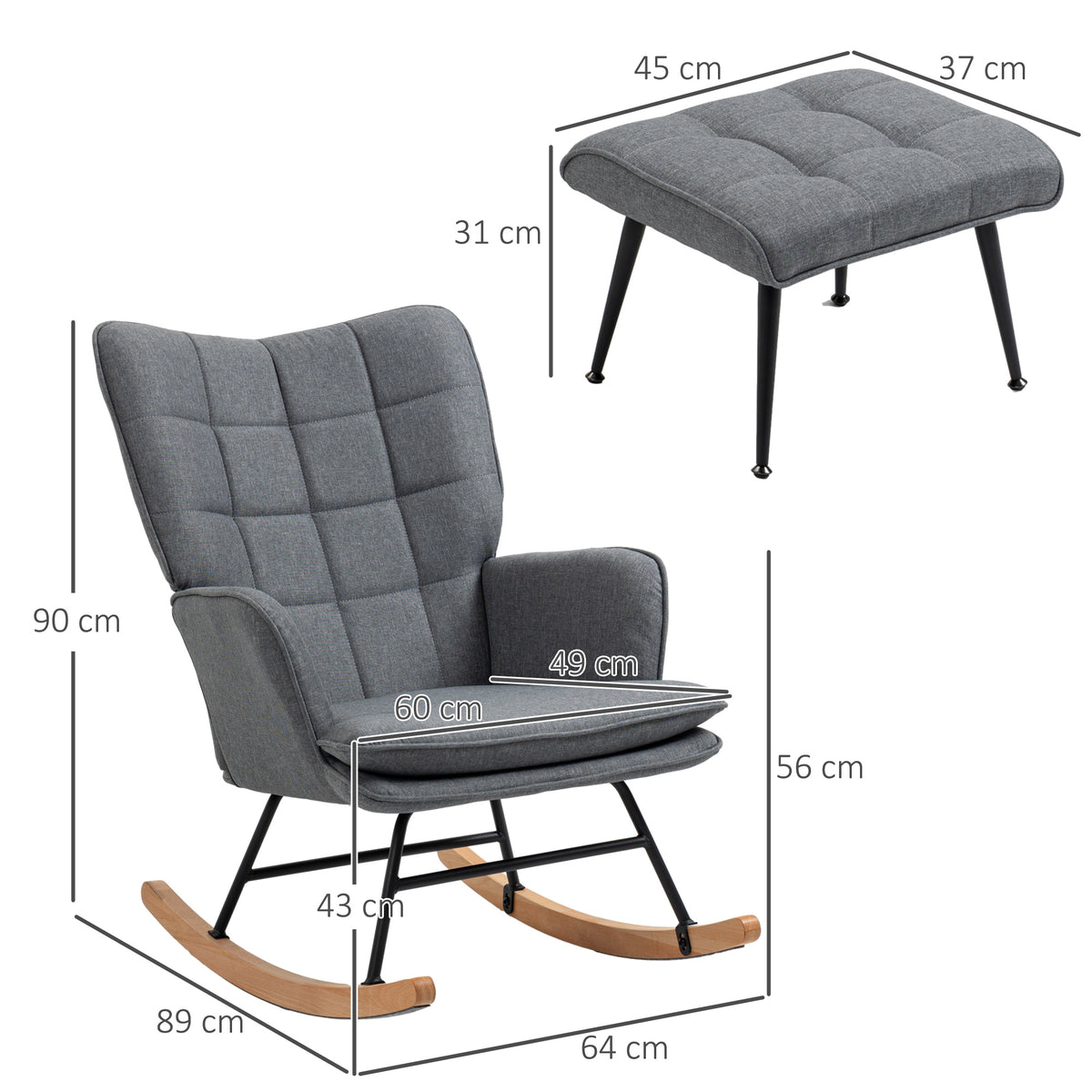 Fauteuil à bascule avec repose-pieds, coussin inclus, 64 x 89 x 90 cm, gris