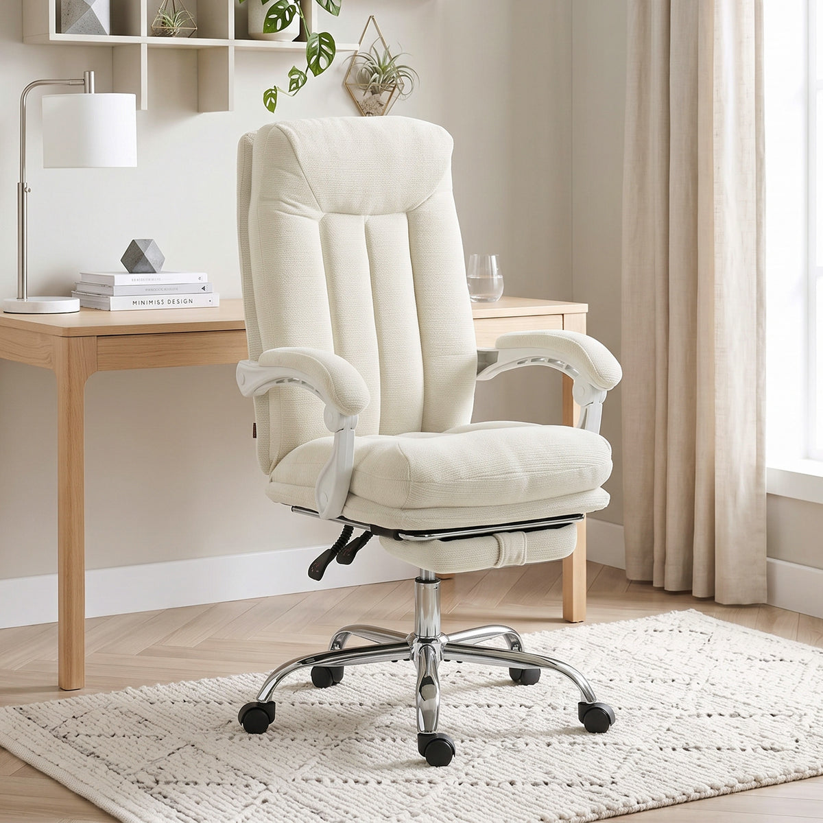 Chaise Bureau Ergonomique, Inclinable, Repose-Pieds, Crème