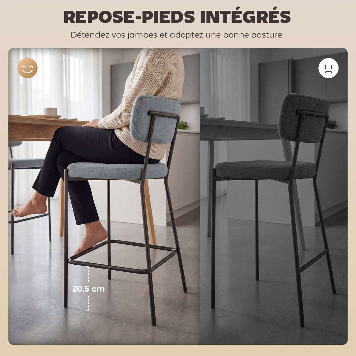 Lot de 2 tabourets de bar, repose-pieds, 49 x 53 x 93 cm, gris