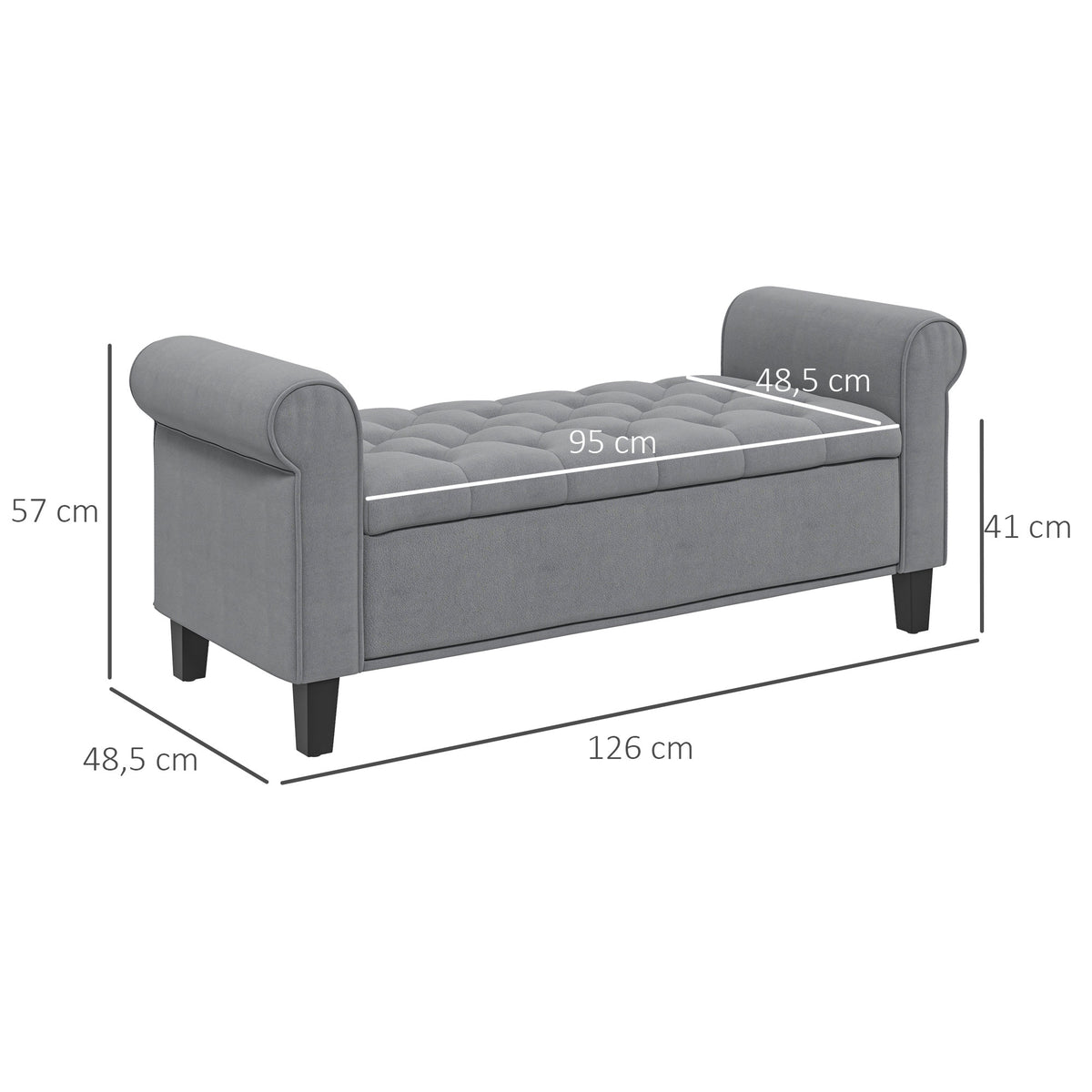 Banc de rangement bout de lit avec accoudoirs, tissu effet velours rembourré, 126 x 48,5 x 57 cm, gris