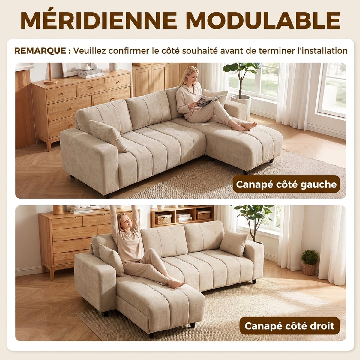Canapé d'Angle Modulable 242 cm, 4 Places en L, 2 Oreillers, Tissu Aspect Lin, Beige