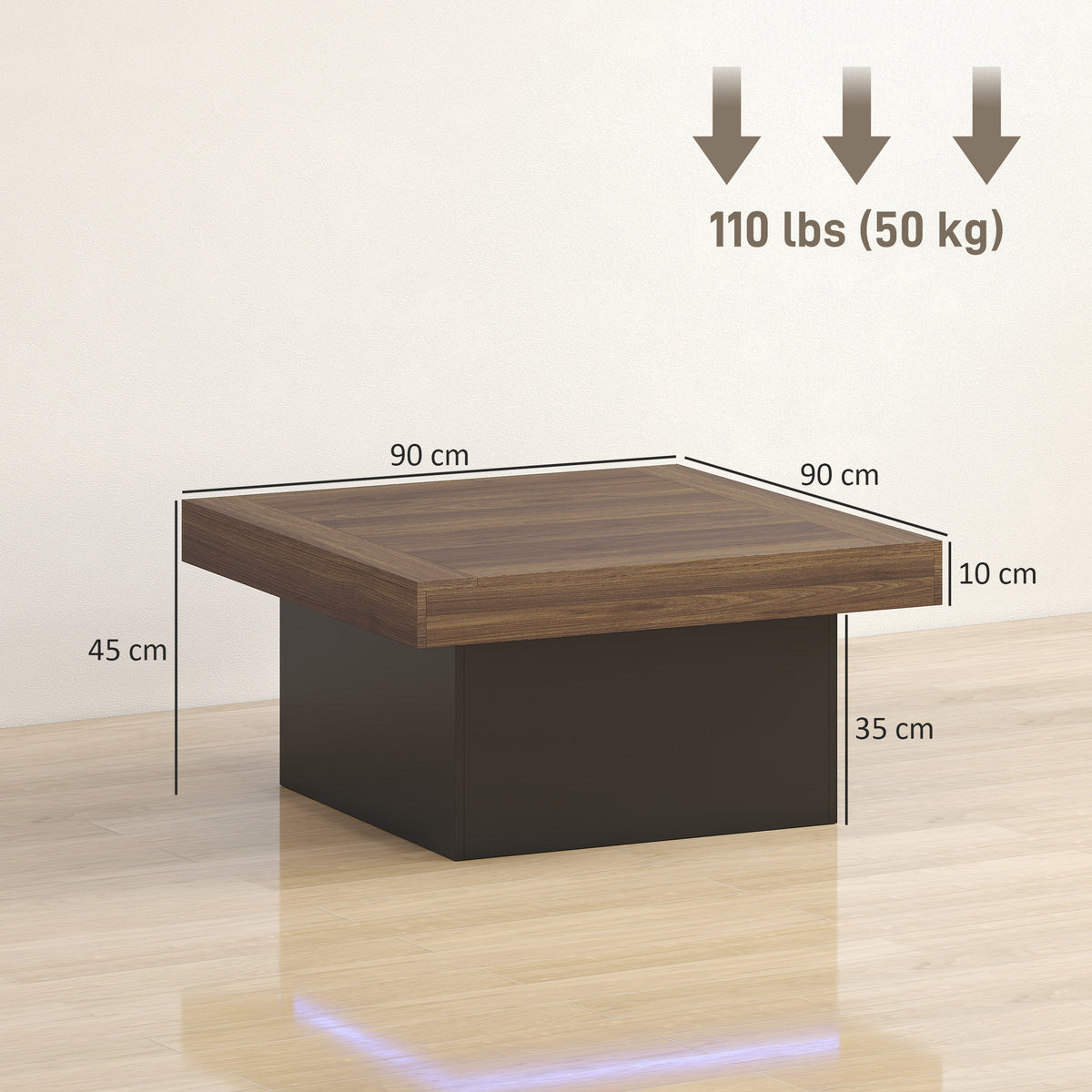 Table basse carrée, éclairage LED 16 couleurs, 90 x 90 x 45 cm