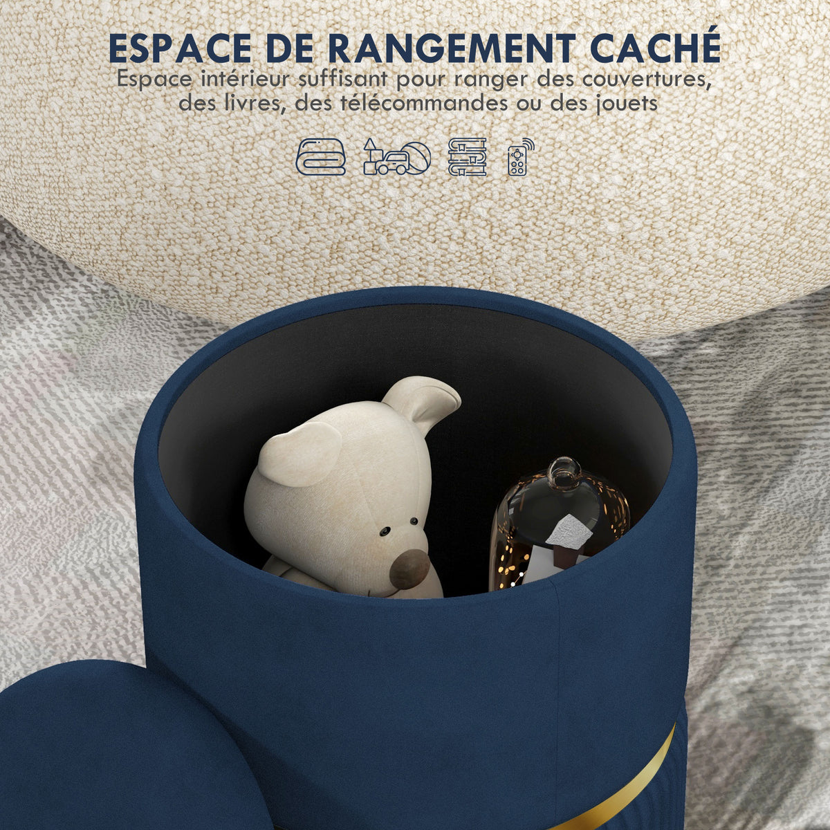 Pouf tabouret repose-pied coffre de rangement en velours 36 x 36 x 44 cm bleu