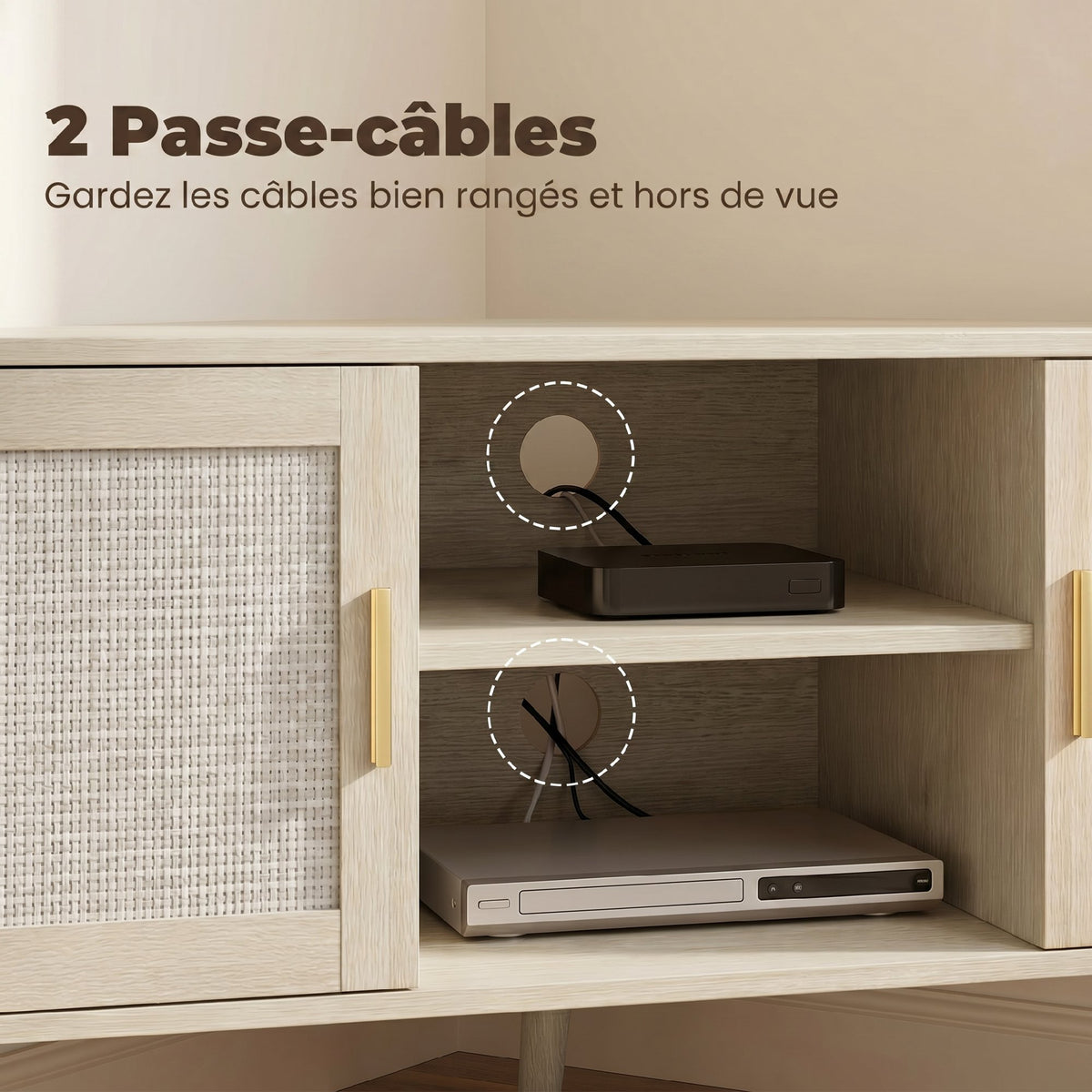 Meuble TV d'Angle 115 cm, jusqu'à 65 Pouces, 2 Portes en Rotin 2 Compartiments, Chêne