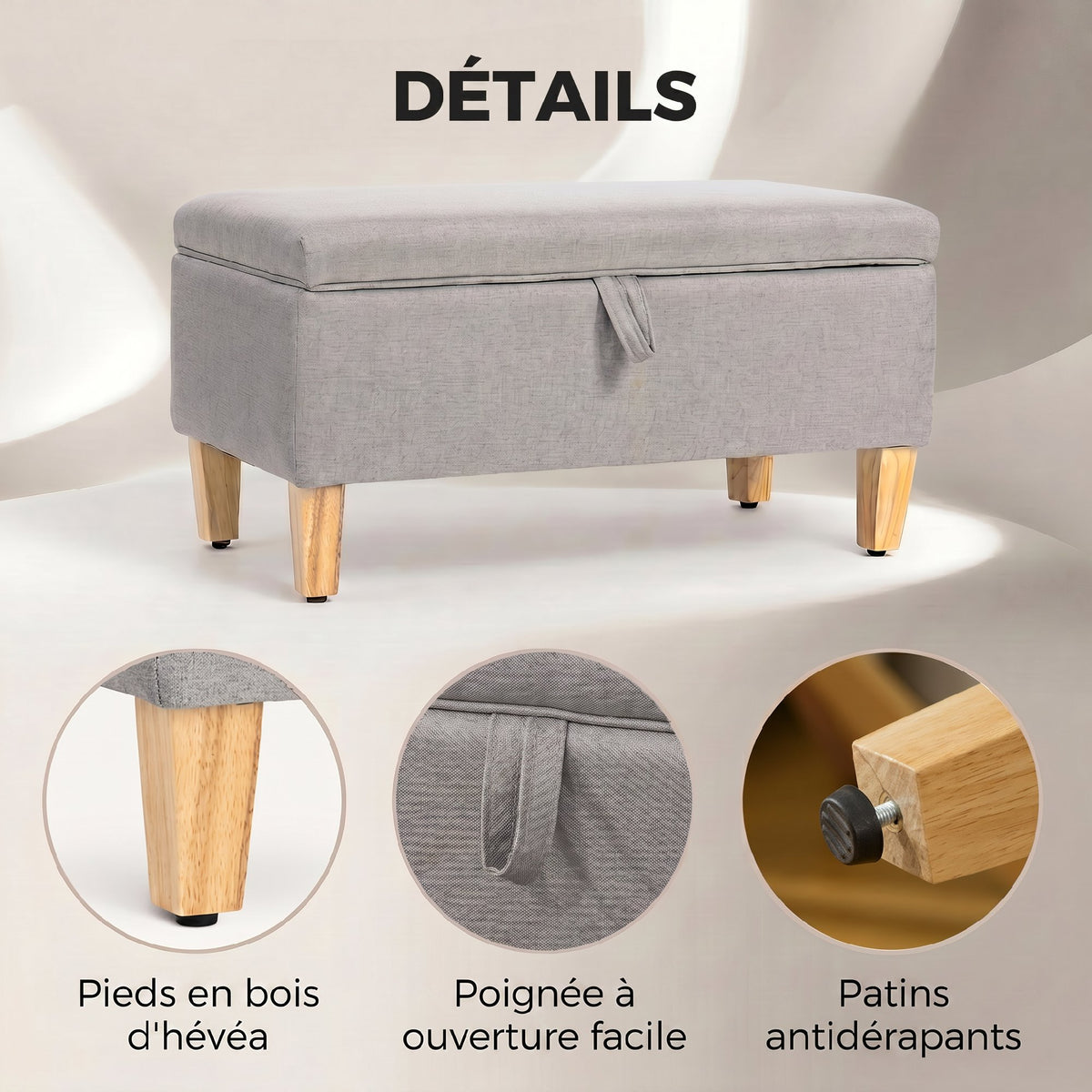 Banc de rangement, en lin avec pieds en bois de caoutchouc, 71x37x36cm, gris clair