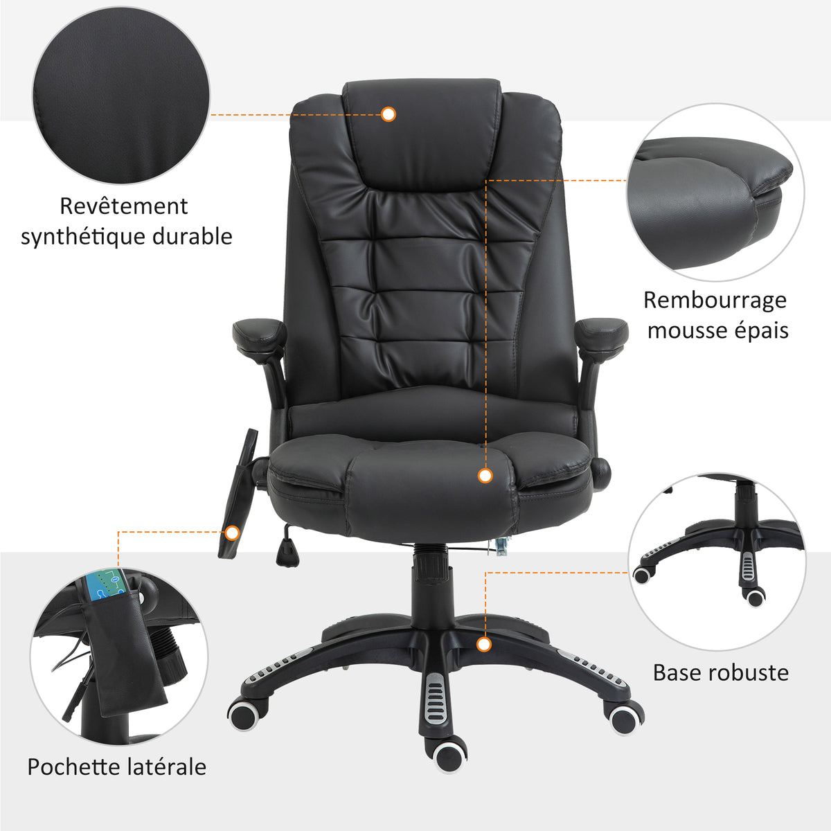 Fauteuil de bureau massant et chauffant électrique, noir
