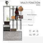 Meuble d'entrée 3 en 1 avec porte-manteau, miroir et banc à chaussures - 6 crochets et étagère réglable, effet béton gris