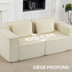 Canapé 3 places en velours, 2 coussins, 202x90x76cm, beige
