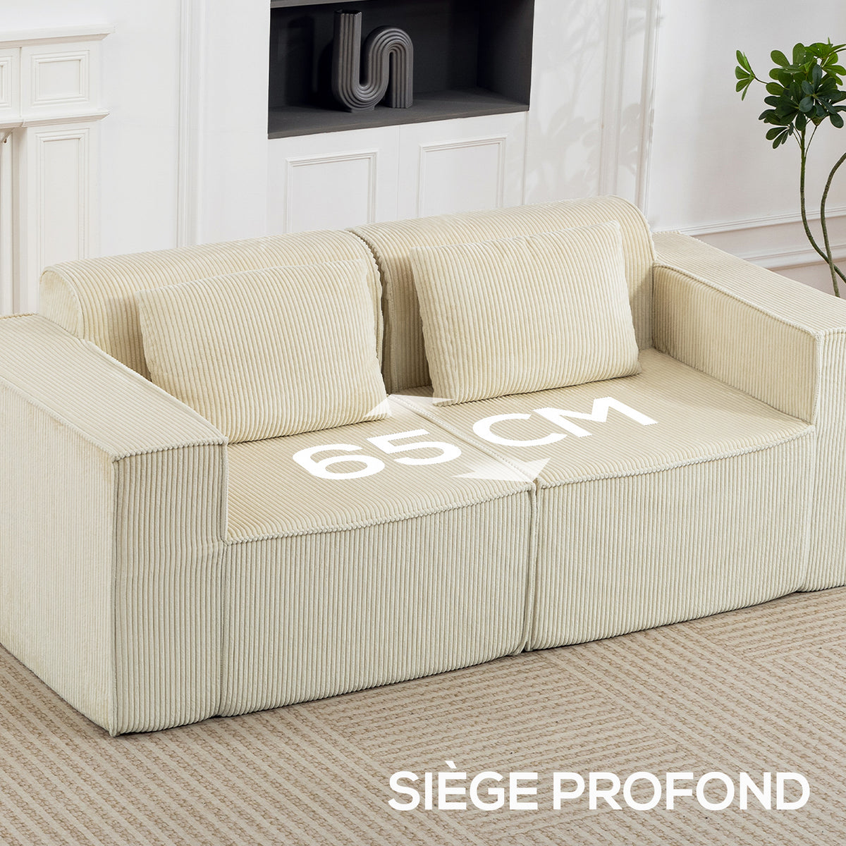 Canapé 3 places en velours, 2 coussins, 202x90x76cm, beige