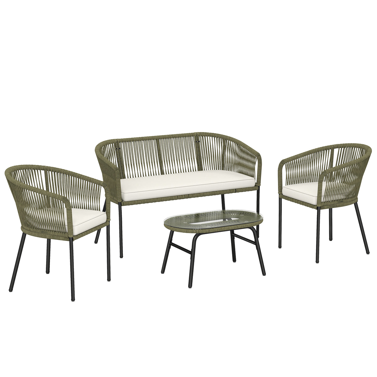 Salon de Jardin Extérieur 4 Places, canapé 2 Places, 2 Fauteuils et Table Basse Verre Trempé Crème