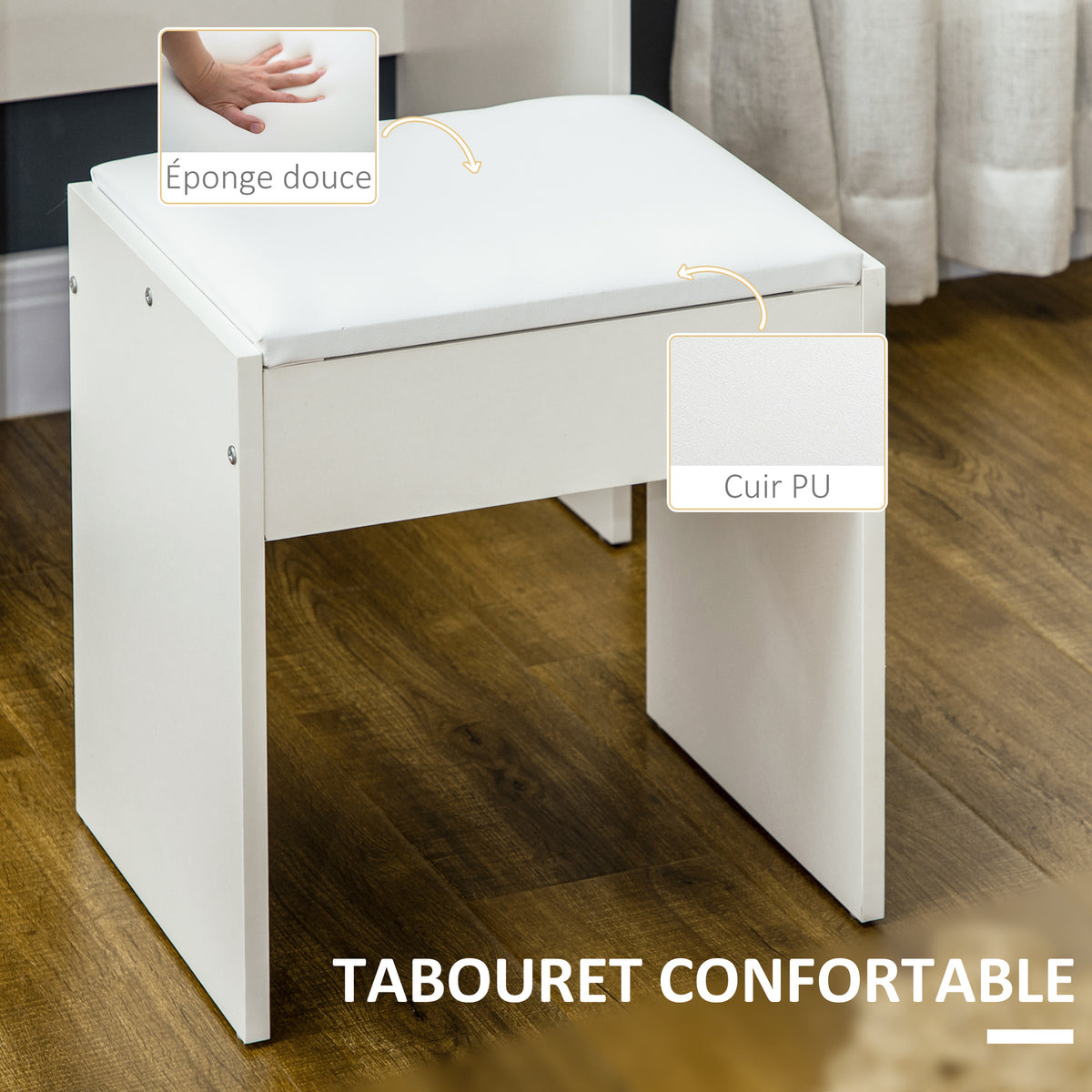 coiffeuse avec tabouret, grand miroir, étagères ouvertes, 4 tiroirs blanc