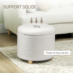 Pouf coffre rangement, repose-pieds, charge 120 Kg, Ø 45 x 41 cm, blanc