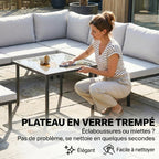 Salon de jardin modulable 6 personnes, table basse avec plateau en verre trempé, gris clair