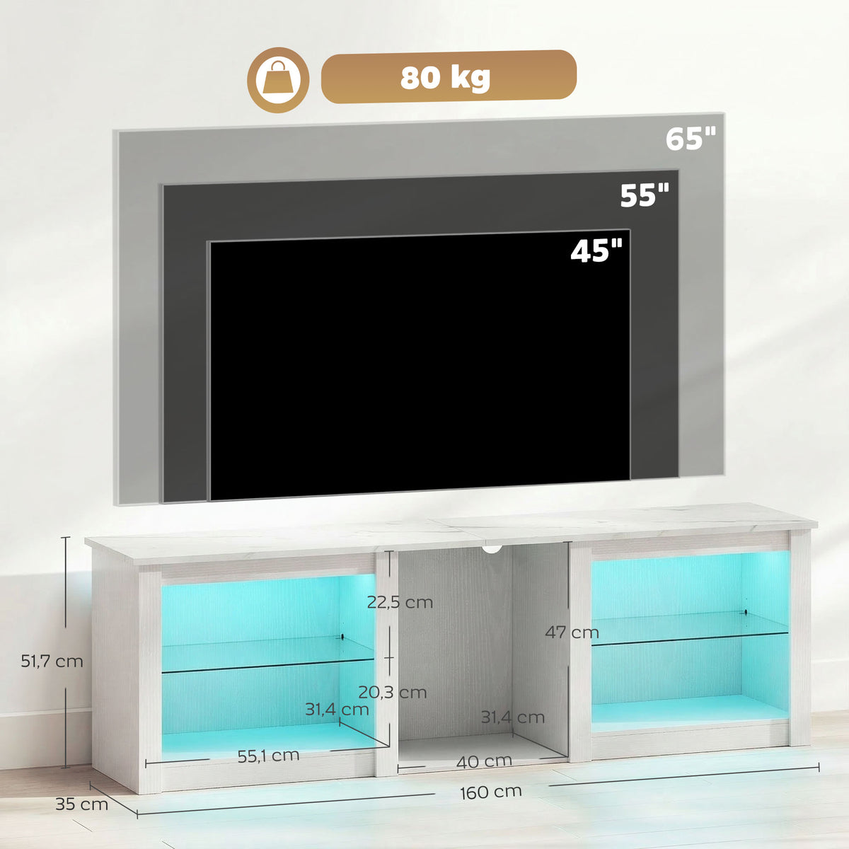 Meuble TV avec éclairage LED jusqu'à 70 pouces, 160cm avec étagères en verre réglables, blanc