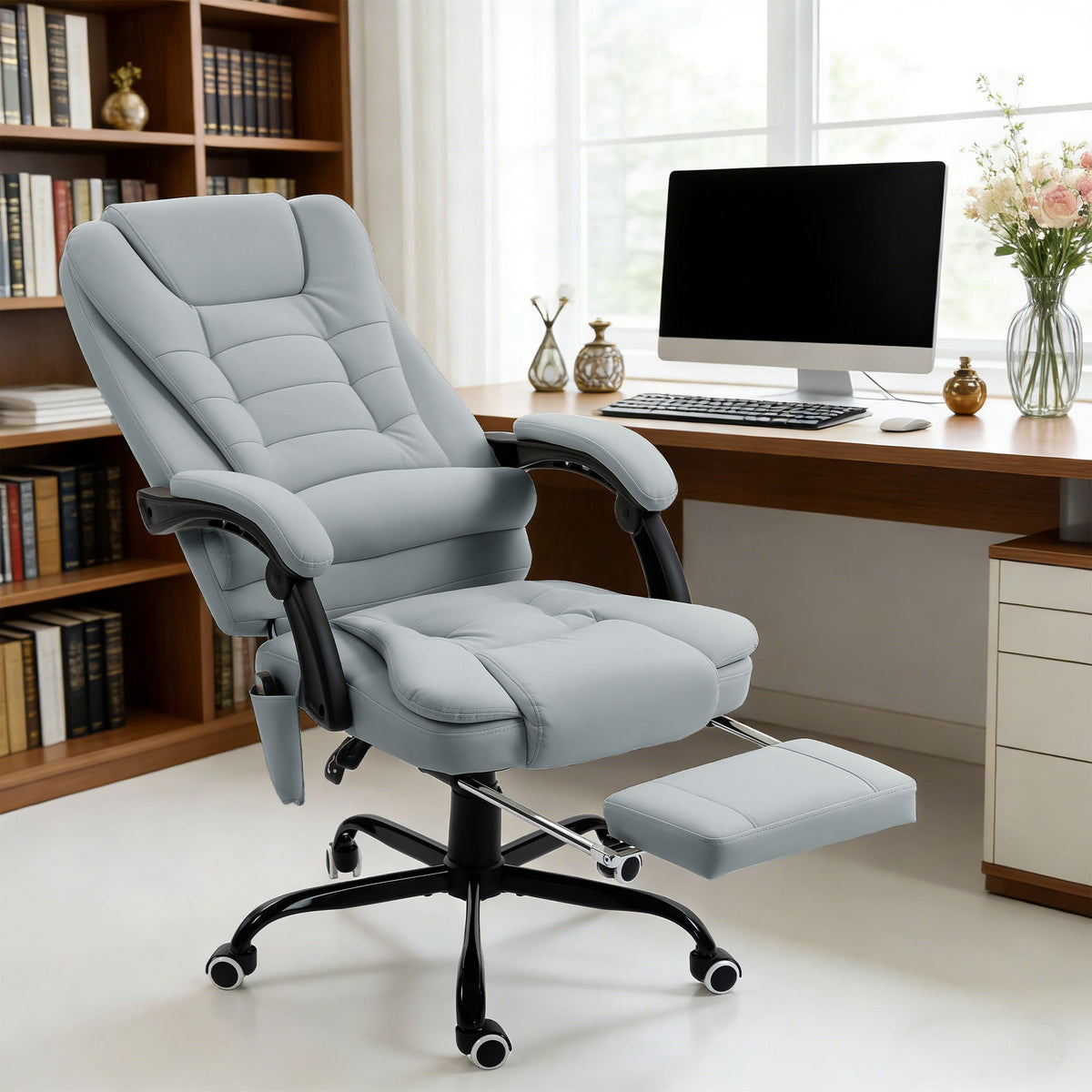 Fauteuil de bureau massant, inclinable et télécommande filaire, gris