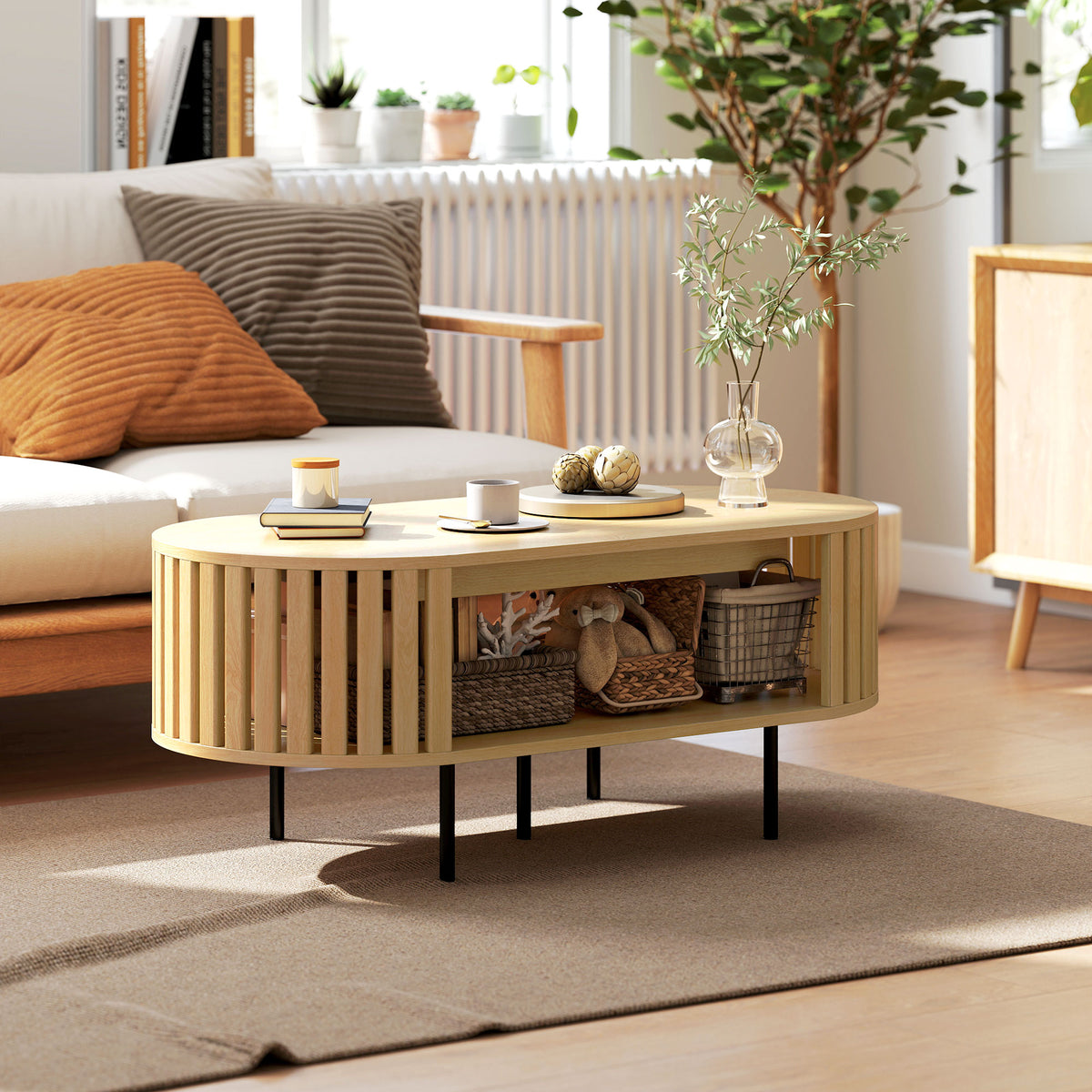 Table basse ovale, design lattes, 100 x 50 x 40 cm, effet bois naturel