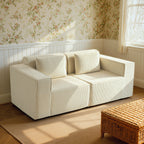 Canapé 3 places en velours, 2 coussins, 202x90x76cm, beige
