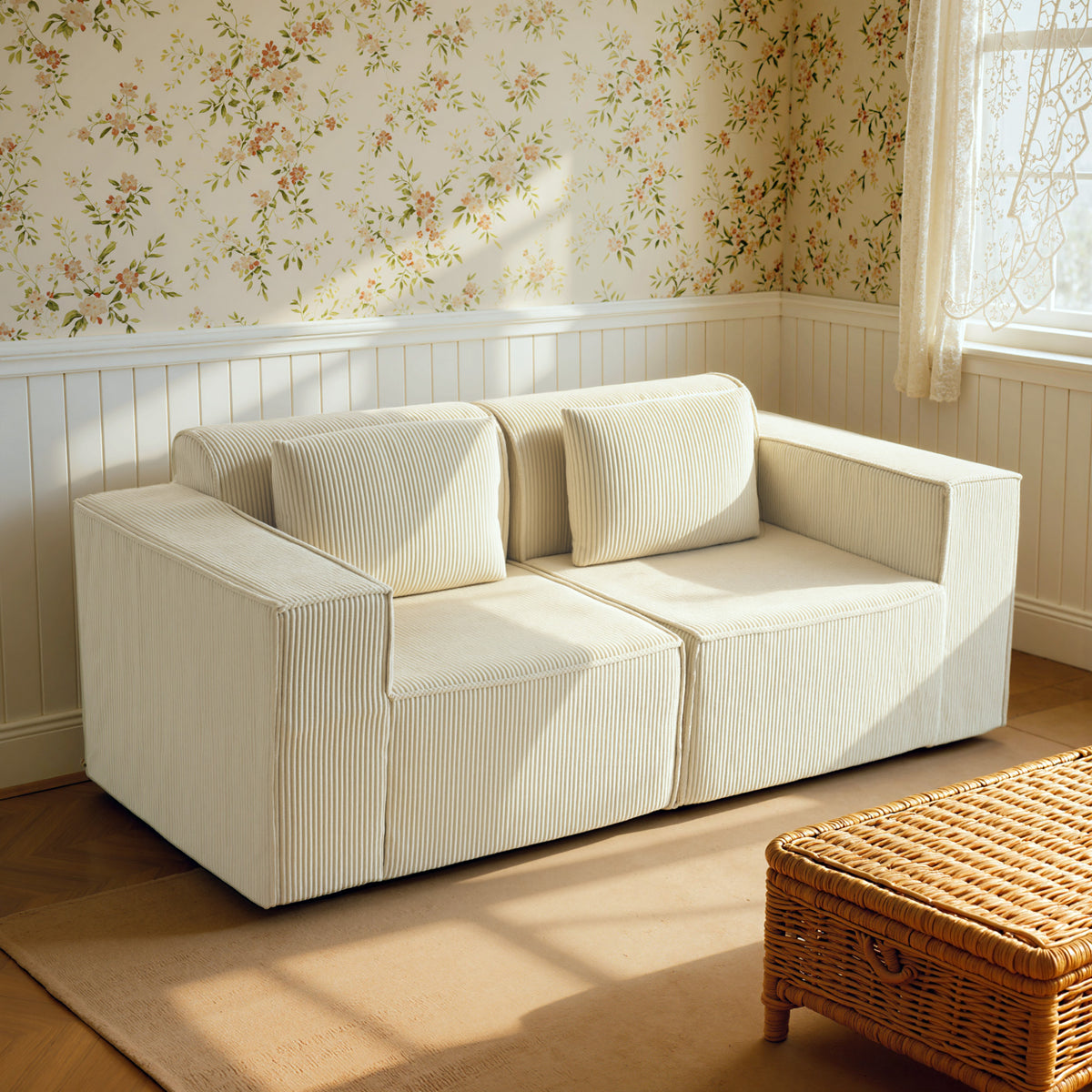 Canapé 3 places en velours, 2 coussins, 202x90x76cm, beige
