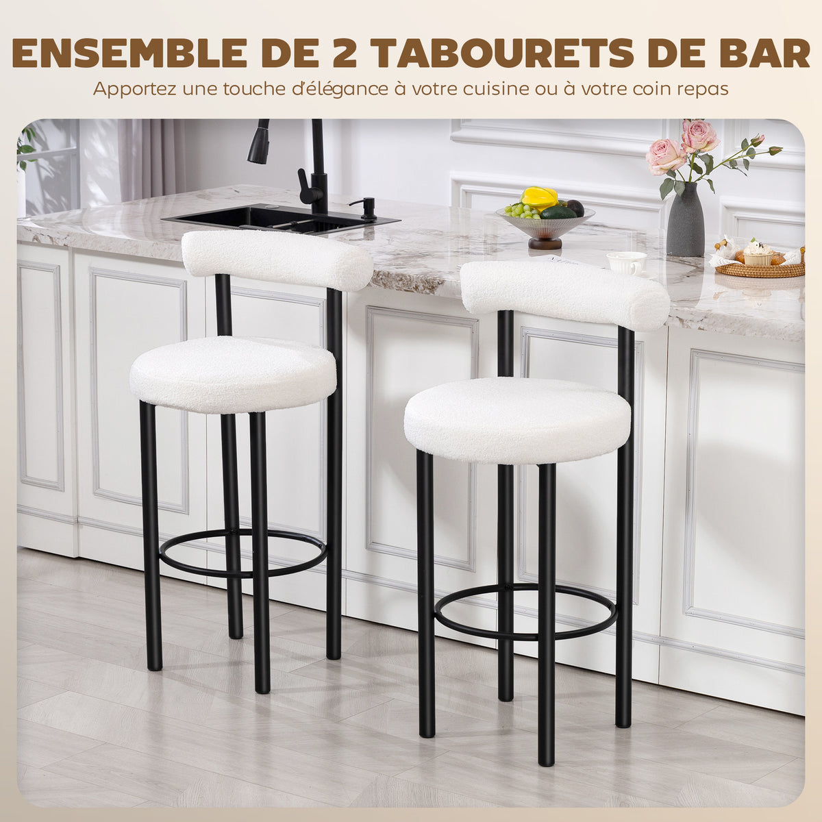 Lot de 2 tabourets de bar, dossier incurvé, repose-pieds, 50x52,5x98cm, blanc