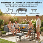 Salon de Jardin Canapé 6 Pièces Coussins 10cm Table Haute et 2 Repose-pieds Gris