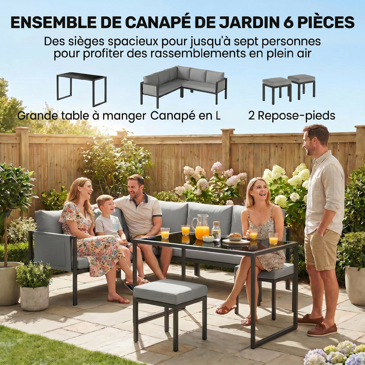 Salon de Jardin Canapé 6 Pièces Coussins 10cm Table Haute et 2 Repose-pieds Gris