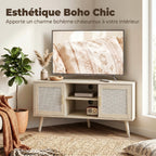 Meuble TV d'Angle 115 cm, jusqu'à 65 Pouces, 2 Portes en Rotin 2 Compartiments, Chêne