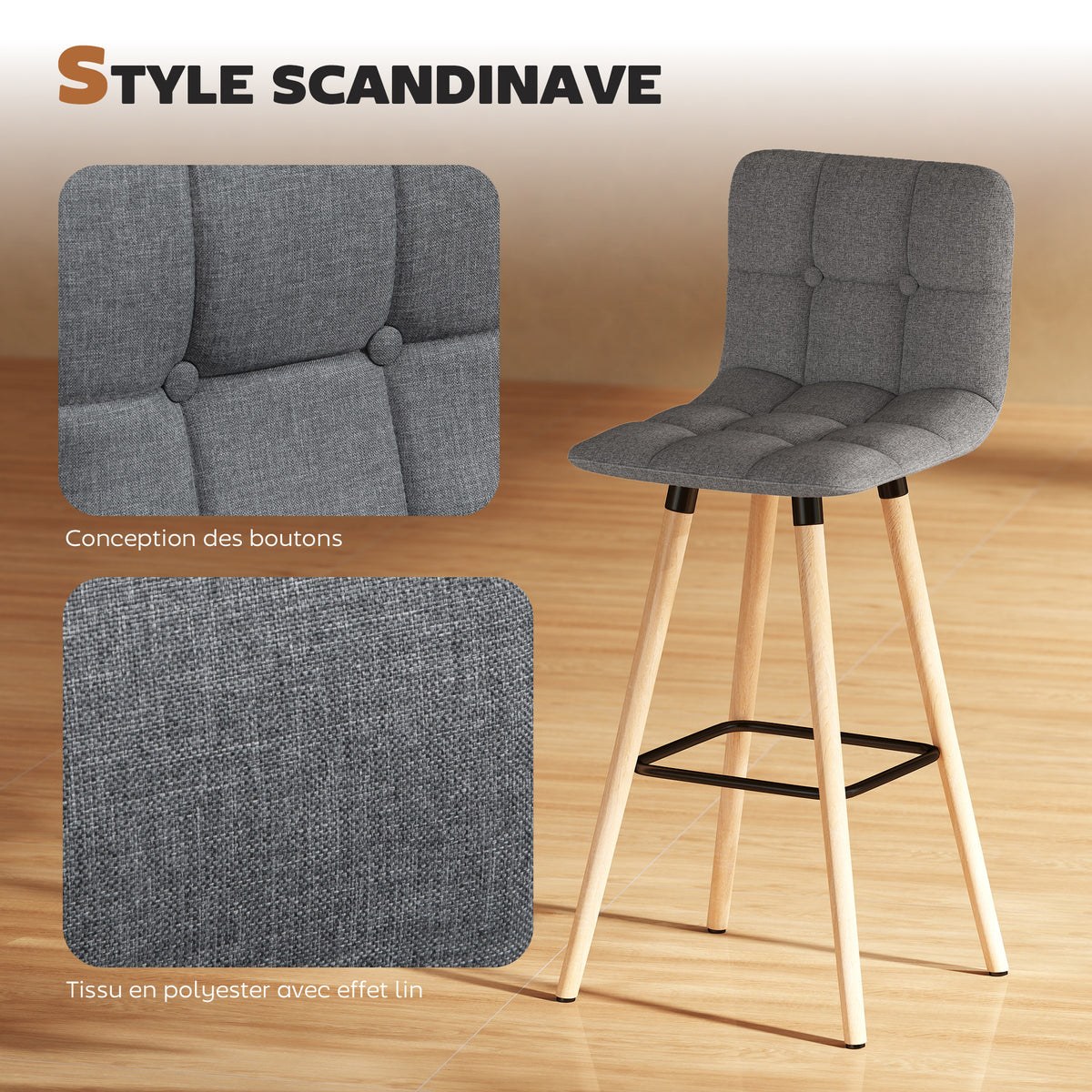 Lot de 2 tabourets de bar, repose-pieds, pieds en bois, 41,5x47x97,5cm, gris