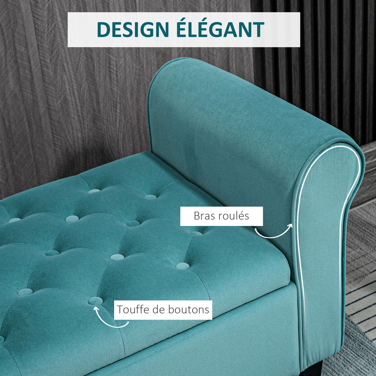 Banc de rangement bout de lit avec accoudoirs, tissu velours rembourré, 126 x 48,5 x 57 cm, vert
