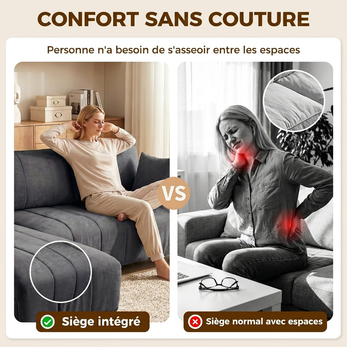 Canapé Modulable 242 cm, 4 Places ,2 Oreillers, Tissu Aspect Lin, Gris
