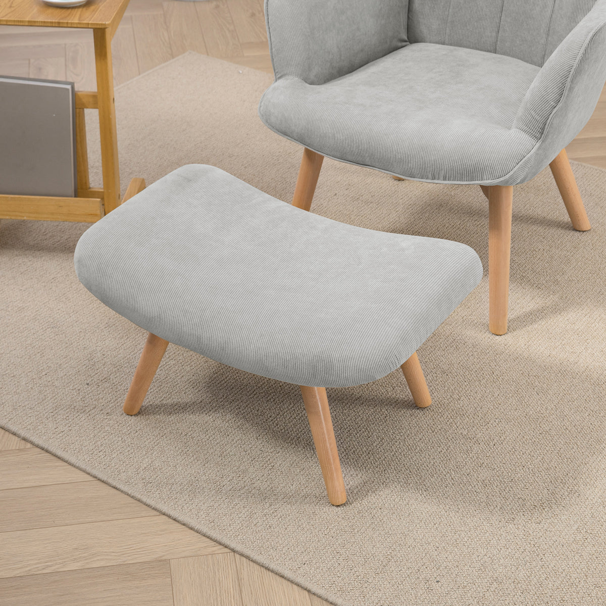 Fauteuil avec repose pied, pieds en bois et tissu aspect velours, gris