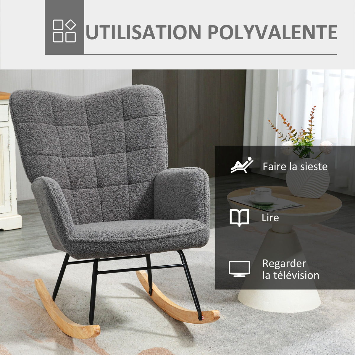 Fauteuil à bascule, effet laine, structure en acier 71 x 98 x 101 cm Gris foncé