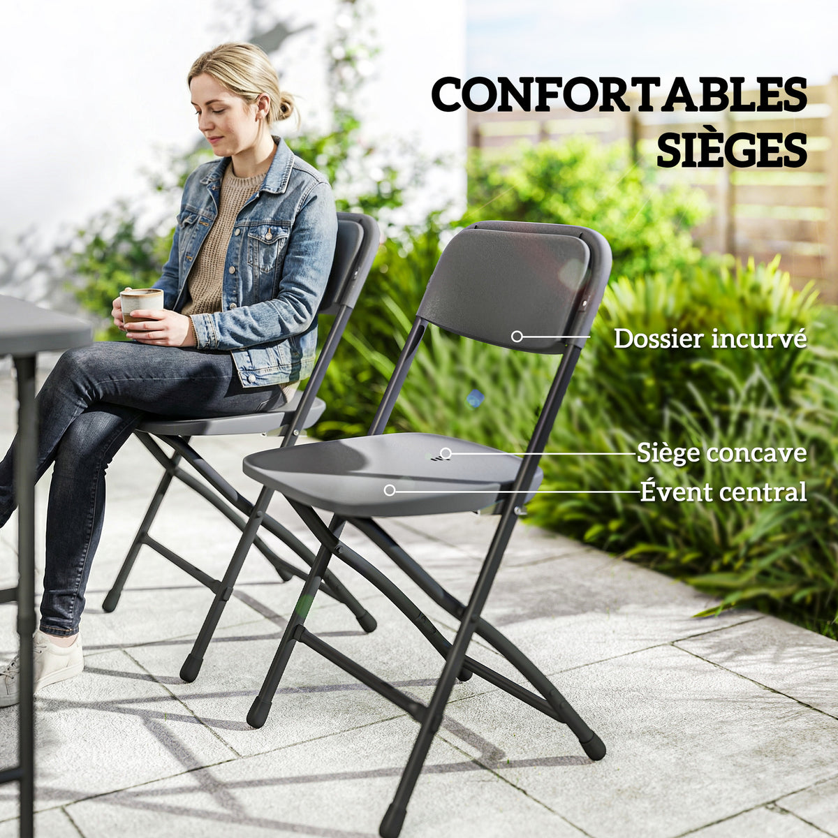 Salon de jardin extérieur avec 4 chaises pliables table réglable en hauteur 118 cm gris foncé