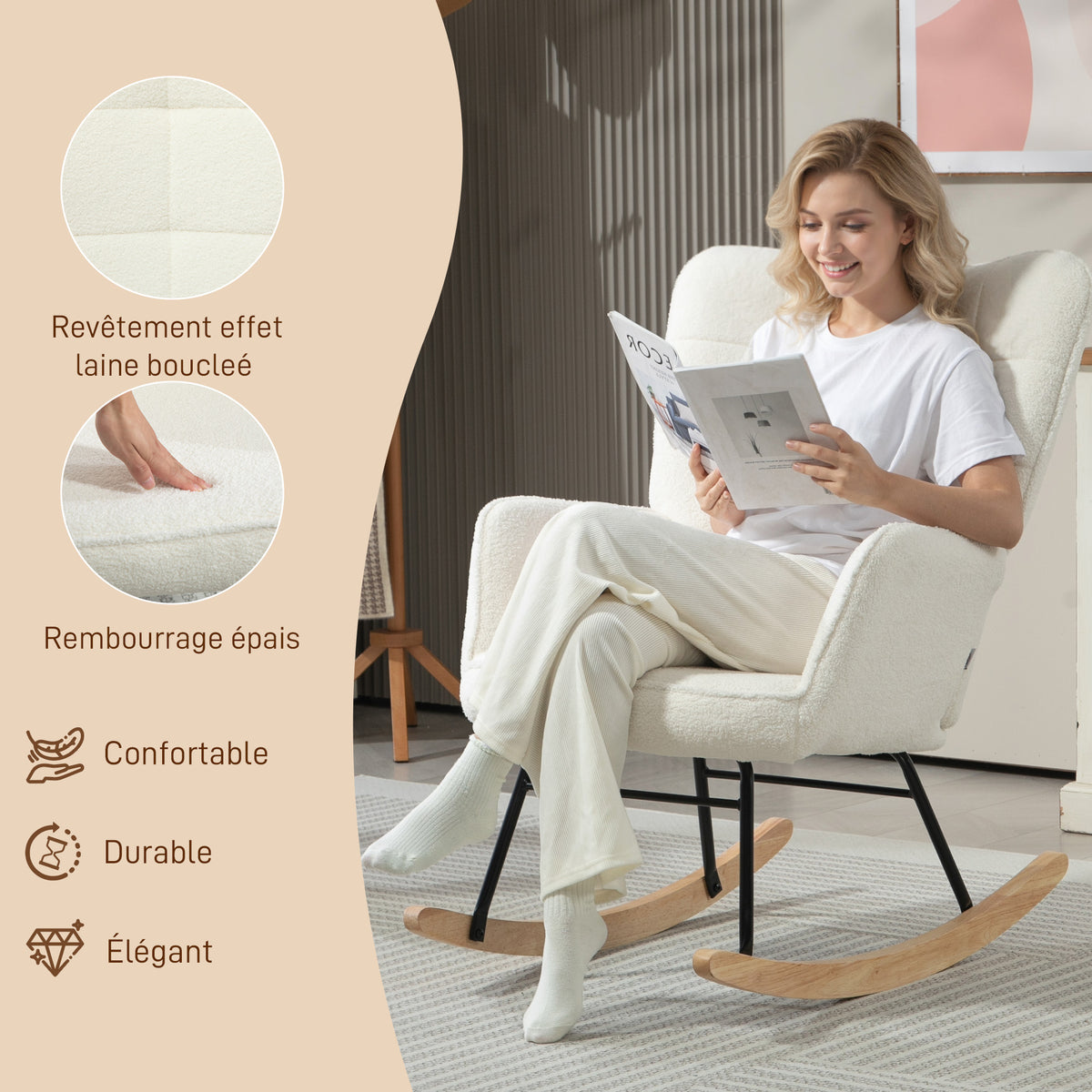 Fauteuil à bascule, effet laine, structure en acier 71 x 98 x 101 cm blanc
