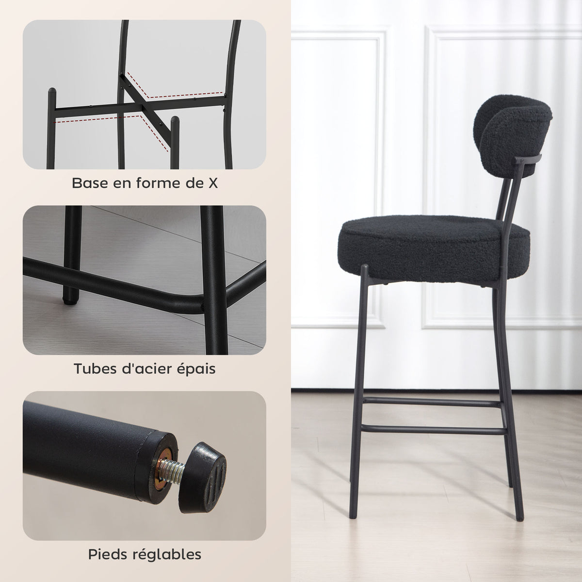 Lot de 2 tabourets de bar en tissu, dossier courbé, repose-pieds, 49x52x95cm, noir