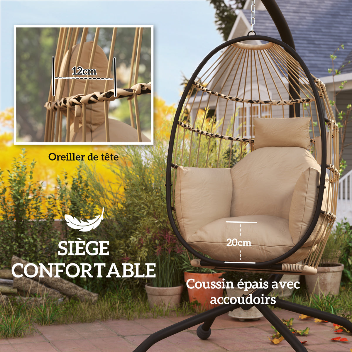 Fauteuil oeuf suspendu, coussin rembourré, cadre en acier, beige