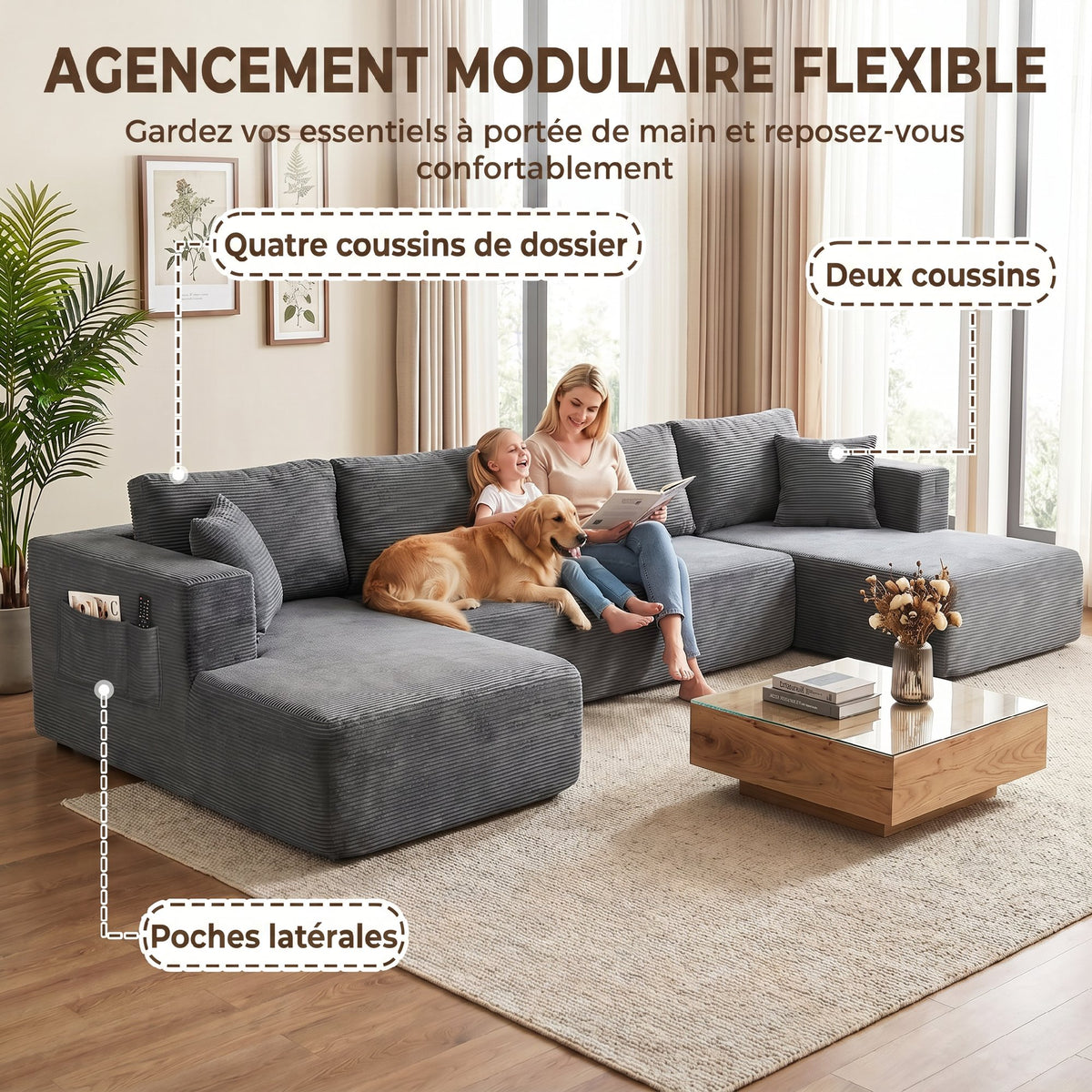 Canapé Modulaire en U 4 Places, 2 Méridiennes, 6 Coussins, 369 x 152 x 78 cm, Gris