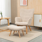 Fauteuil avec repose pied, pieds en bois et tissu aspect velours