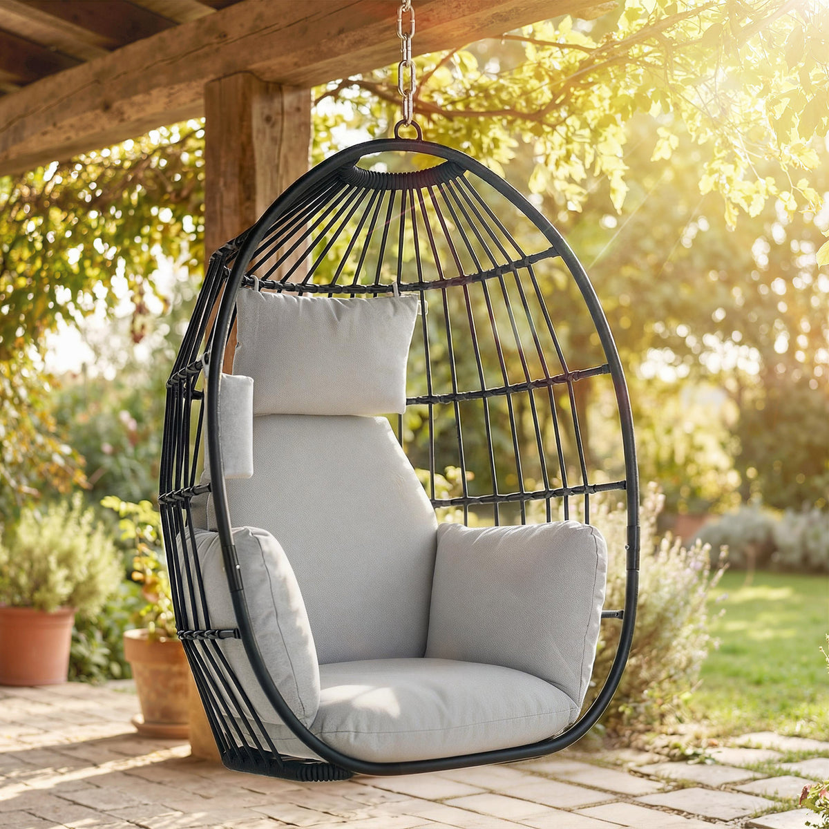 Fauteuil suspendu, coussins rembourrés, porte-gobelet, oreiller, gris foncé