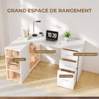 Bureau d'Angle, 3 Tiroirs, 5 Compartiments, Étagères Réglables, 140x100x75cm, Blanc