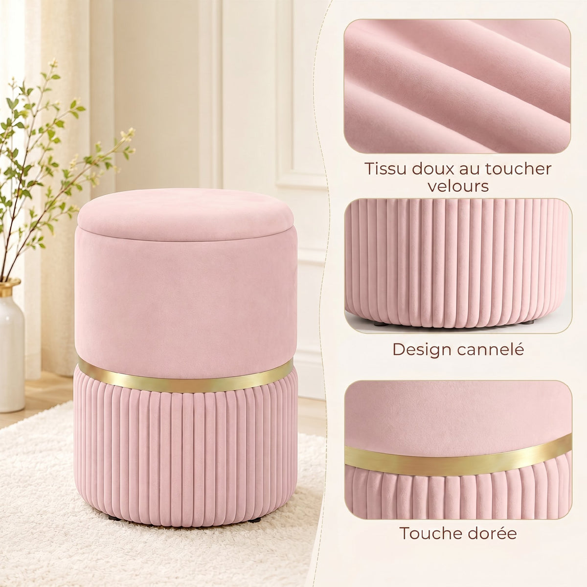 Pouf tabouret repose-pied coffre de rangement en velours 36 x 36 x 44 cm rose
